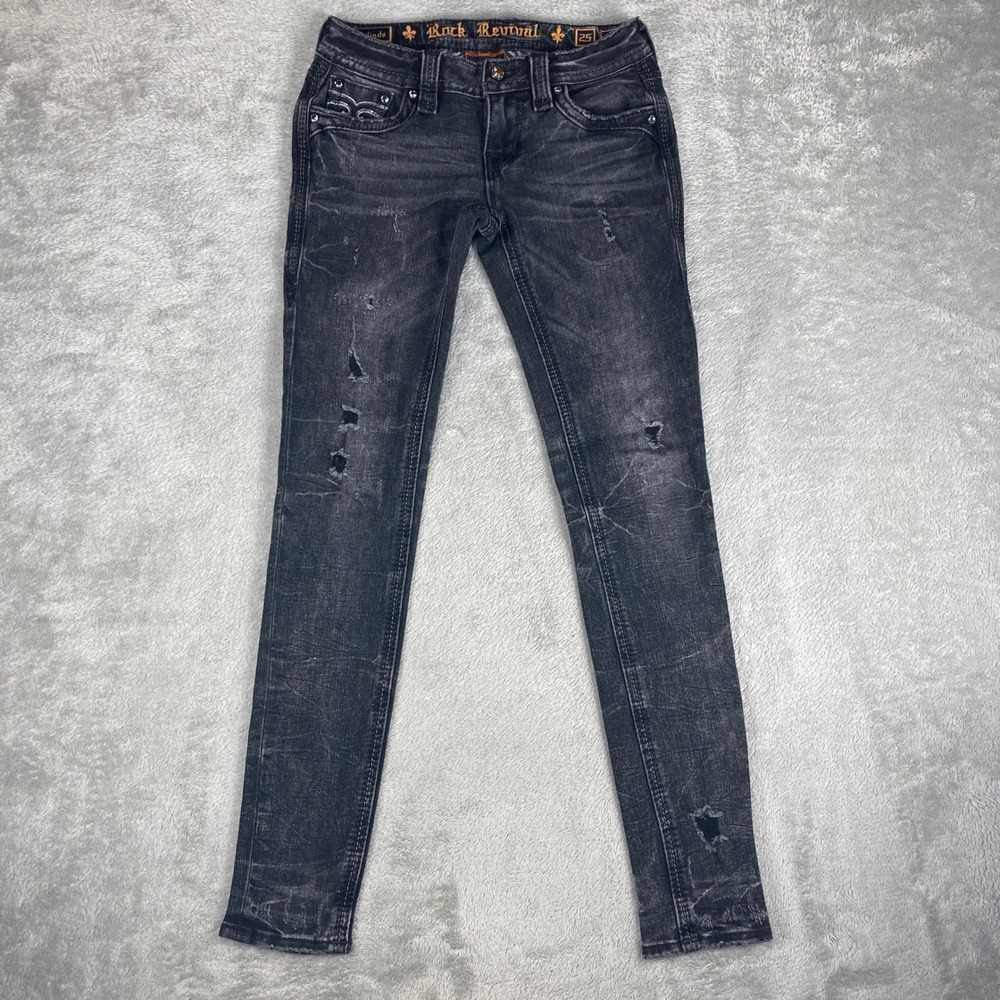 Rock Revival Celinda Skinny Distressed Black Jeans Womens 25 Low Rise Ripped Y2K